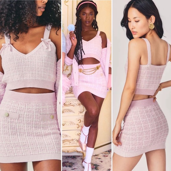 LoveShackFancy ๐ธ Callington Knitted Checkered Pencil Mini Skirt in Pink Winds - Picture 2 of 10